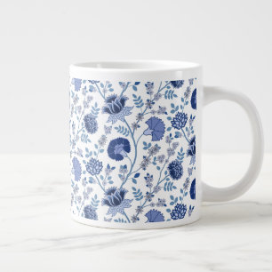 Jacobean Floral Pattern Blues on White Large Coffee Mug