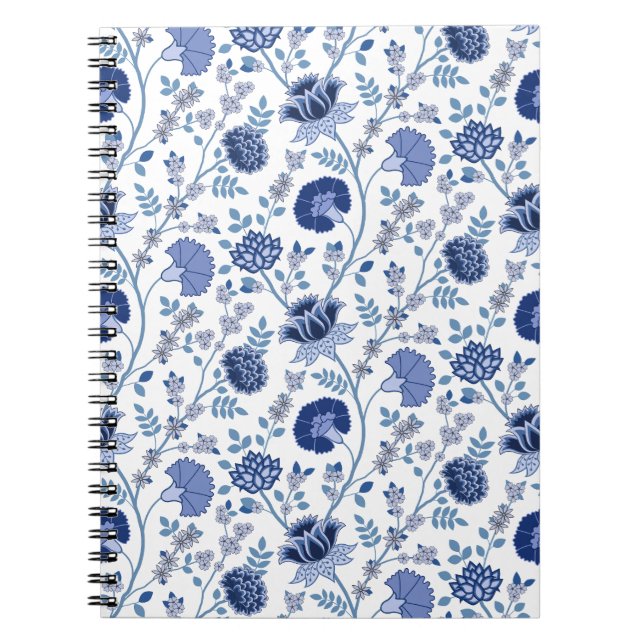 Jacobean Floral Pattern Blues on White Notebook (Front)