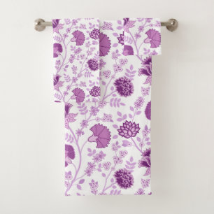 Jacobean Floral Pattern Pinks on White Bath Towel Set