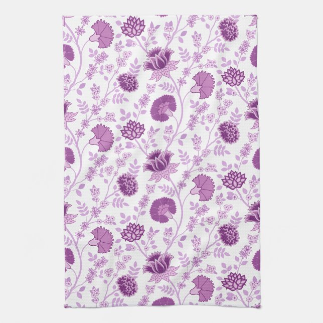 Jacobean Floral Pattern Pinks on White Kitchen Towel (Vertical)