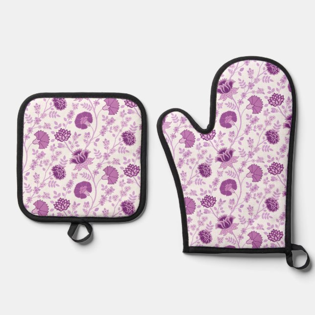 Jacobean Floral Pattern Pinks on White Oven Mitt & Pot Holder Set (Front)