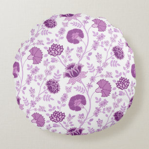 Jacobean Floral Pattern Pinks on White Round Pillow