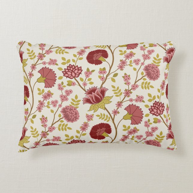 Jacobean Floral Pattern Reds Pinks Gold Cream Accent Pillow (Front)