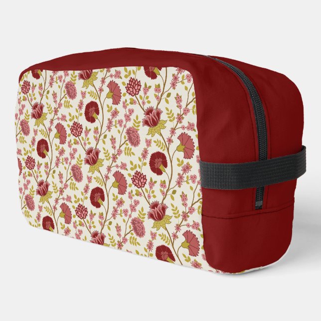 Jacobean Floral Pattern Reds Pinks Gold Cream Dopp Kit (Left Corner)