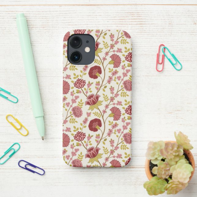 Jacobean Floral Pattern Reds Pinks Gold Cream iPhone Case (On Desk)