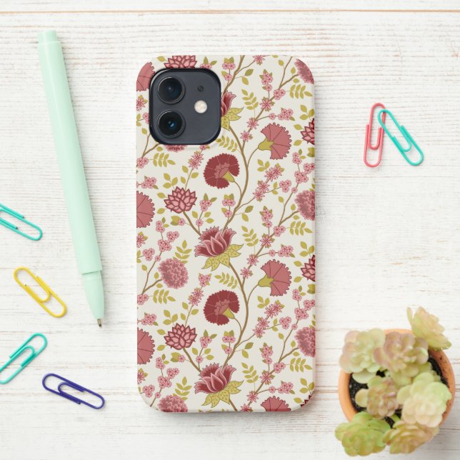 Jacobean Floral Pattern Reds Pinks Gold Cream iPhone Case (On Desk)