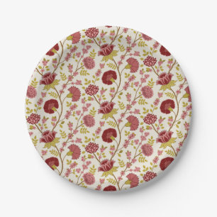 Jacobean Floral Pattern Reds Pinks Gold Cream Paper Plate