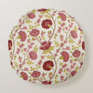 Jacobean Floral Pattern Reds Pinks Gold Cream Round Pillow