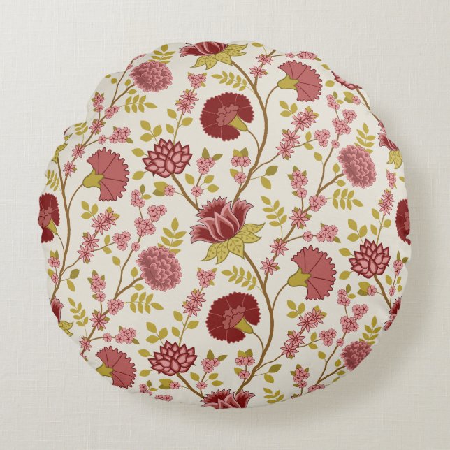 Jacobean Floral Pattern Reds Pinks Gold Cream Round Pillow (Front)