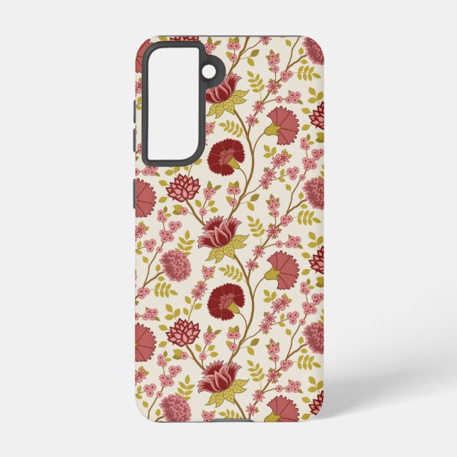 Jacobean Floral Pattern Reds Pinks Gold Cream Samsung Galaxy S21 Case (Back)