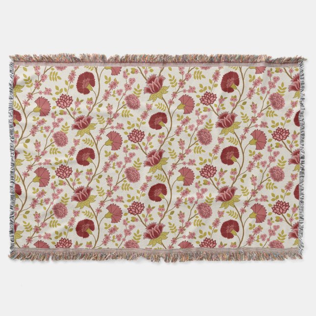 Jacobean Floral Pattern Reds Pinks Gold Cream Throw Blanket (Front)