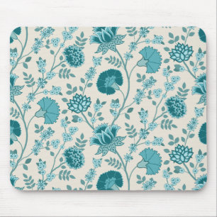 Jacobean Floral Pattern Teals on Cream Mouse Pad