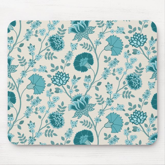 Jacobean Floral Pattern Teals on Cream Mouse Pad (Front)