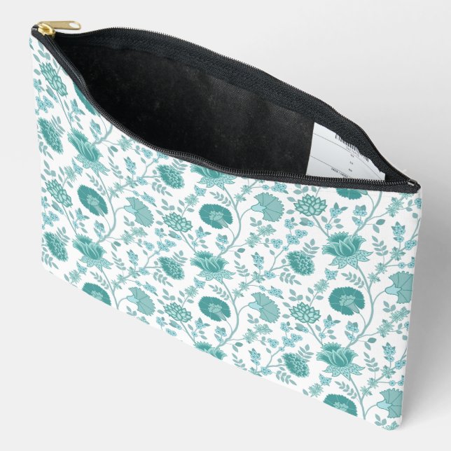 Jacobean Floral Pattern Teals on White Accessory Pouch (Open)
