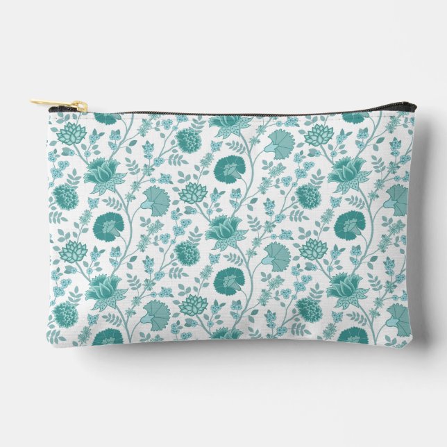 Jacobean Floral Pattern Teals on White Accessory Pouch (Front)
