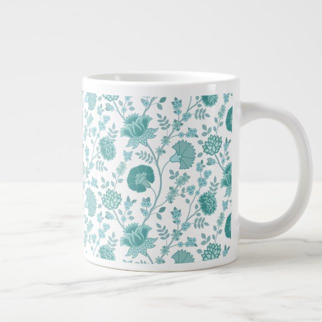 Jacobean Floral Pattern Teals on White Large Coffee Mug (Right)