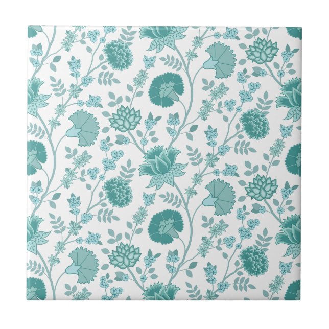 Jacobean Floral Pattern Teals on White Tile (Front)