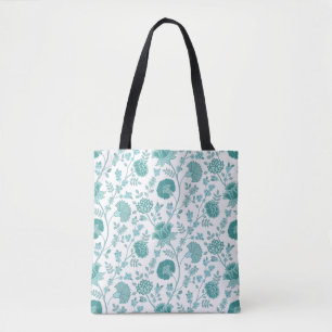Jacobean Floral Pattern Teals on White Tote Bag