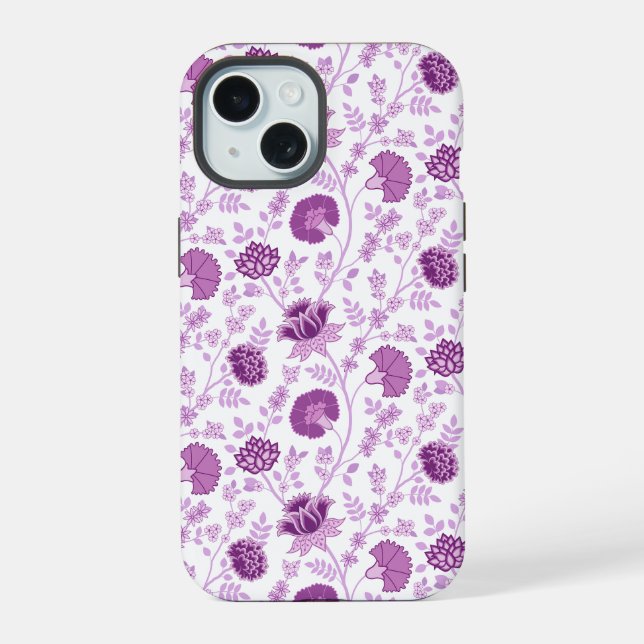 Jacobean Floral Repeat Pattern Pinks on White iPhone 15 Case (Back)