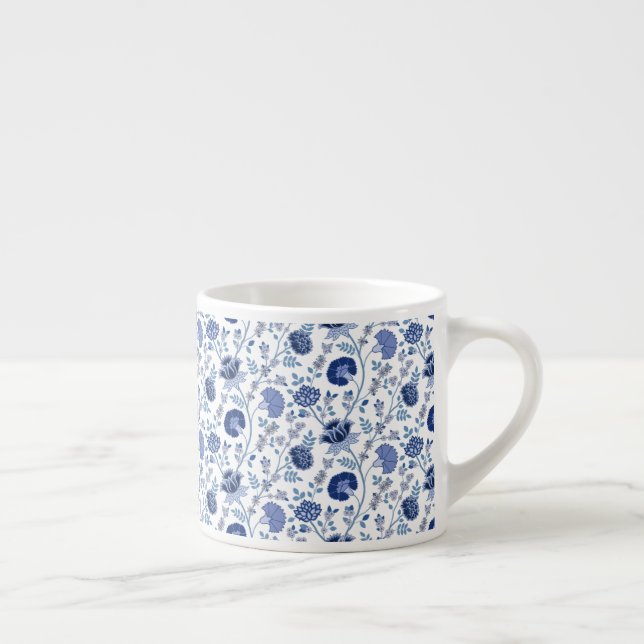 Jacobean Floral Rpt Pattern Blues on White Espresso Cup (Right)