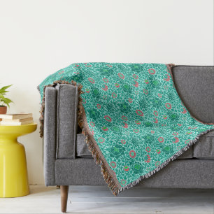 Jacobean Floral, Turquoise, Aqua and Coral Throw Blanket