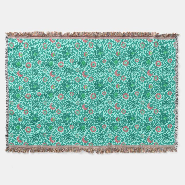 Jacobean Floral, Turquoise, Aqua and Coral Throw Blanket (Front)