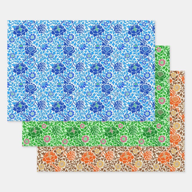 Jacobean Floral Wallpaper, Blue, Green and Orange  Wrapping Paper Sheet (Set)