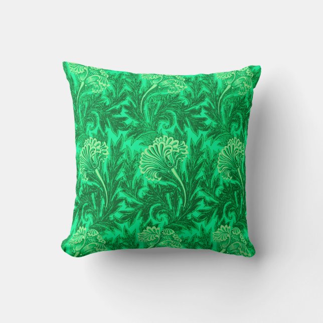 Jacobean Flower Damask, Emerald and Lime Green Throw Pillow (Front)