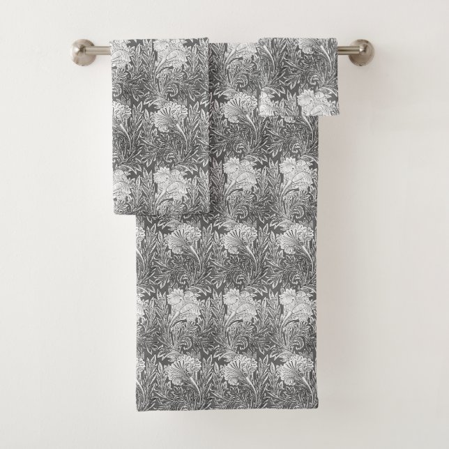 Jacobean Flower Damask, Grey / Grey and White Bath Towel Set (Insitu)