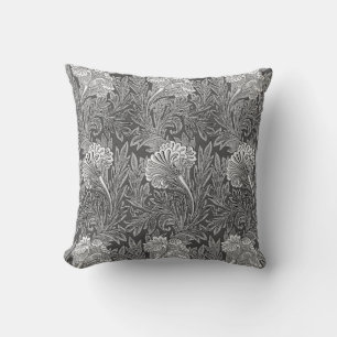 Jacobean Flower Damask, Grey / Grey and White Throw Pillow