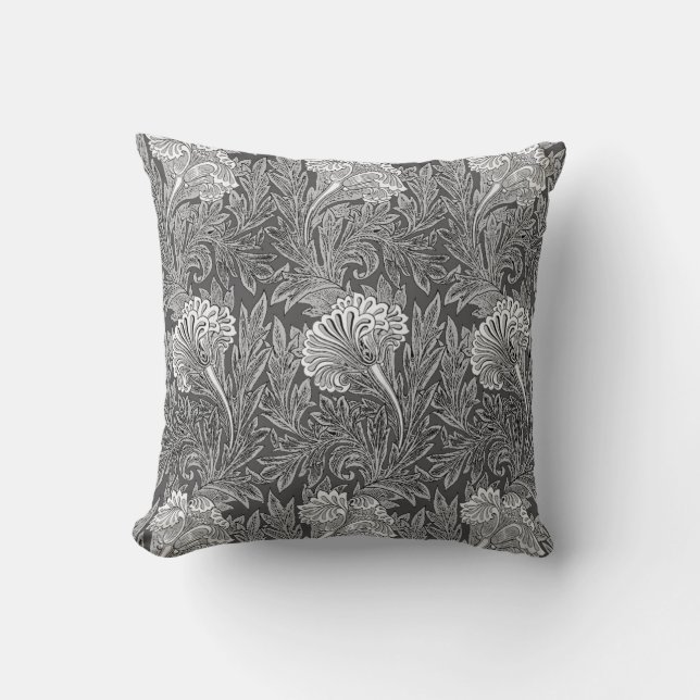 Jacobean Flower Damask, Grey / Grey and White Throw Pillow (Front)