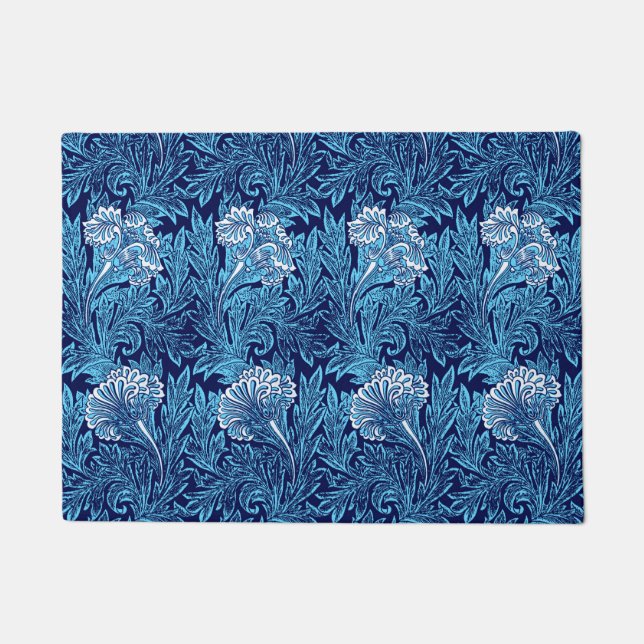 Jacobean Flower Damask, Navy, Sky Blue and White Doormat (Front)