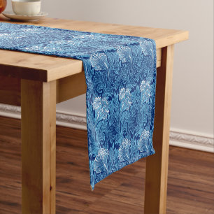 Jacobean Flower Damask, Navy, Sky Blue and White Short Table Runner