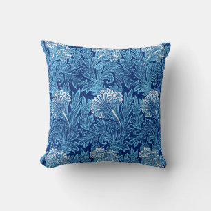 Jacobean Flower Damask, Navy, Sky Blue and White Throw Pillow