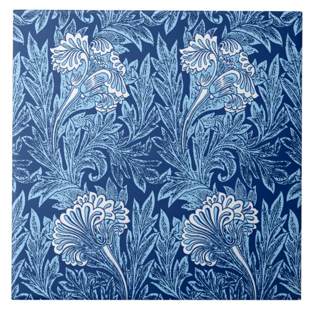 Jacobean Flower Damask, Navy, Sky Blue and White Tile (Front)
