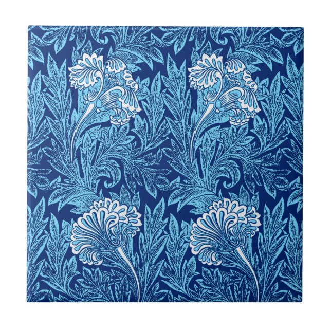 Jacobean Flower Damask, Navy, Sky Blue and White  Tile (Front)