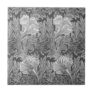 Jacobean Flower Damask, Silver Grey and White  Tile