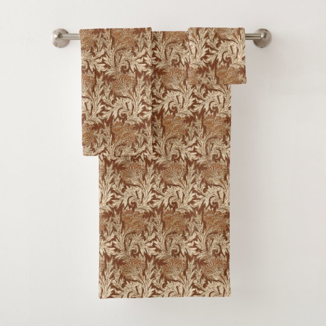 Jacobean Flower Damask, Taupe Tan and Cream Bath Towel Set (Insitu)