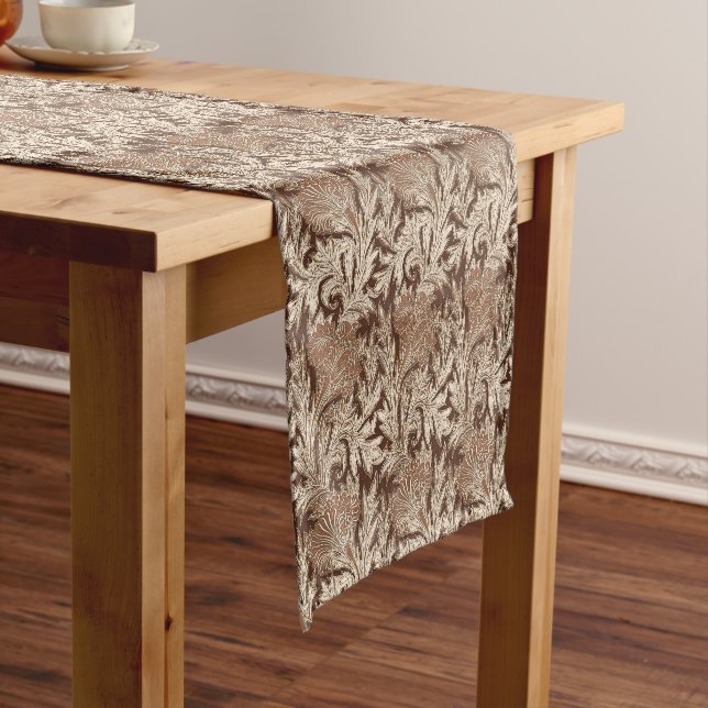 Jacobean Flower Damask, Taupe Tan and Cream Short Table Runner (In Situ)