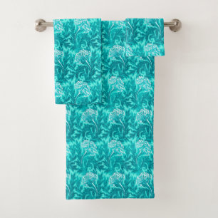 Jacobean Flower Damask, Turquoise and Teal Blue Bath Towel Set