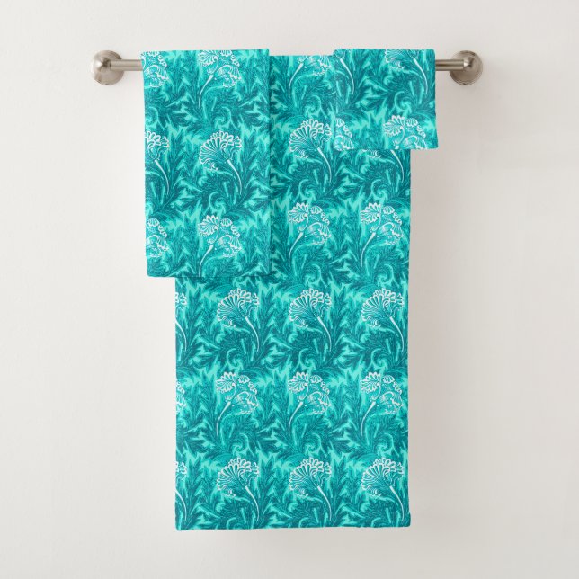 Jacobean Flower Damask, Turquoise and Teal Blue Bath Towel Set (Insitu)