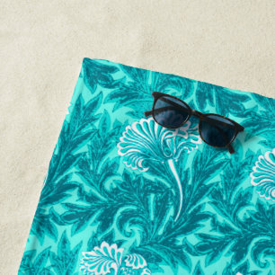Jacobean Flower Damask, Turquoise and Teal Blue Beach Towel