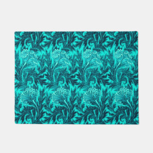 Jacobean Flower Damask, Turquoise and Teal Blue Doormat