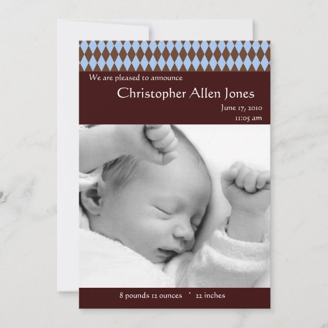 Jacquard bleu et Brown Faire-part de naissance béb (Devant)