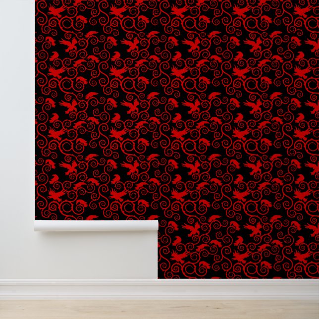 Jacquard Red and Black Raven Victorian Gothic Wallpaper (Application)