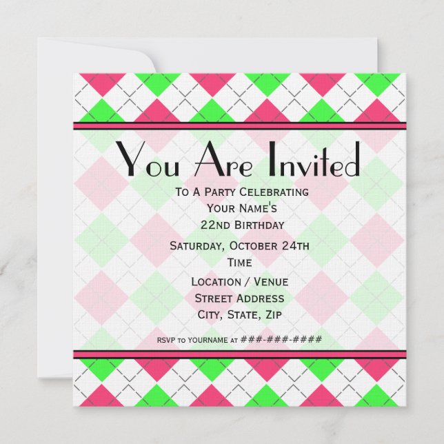 Jacquard rose et vert Invitation d'anniversaire (Devant)