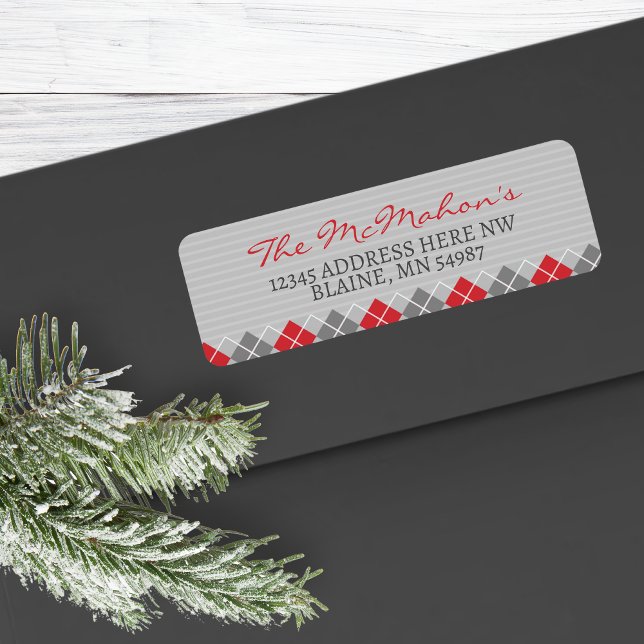 Jacquard Rouge et gris Adresse de retour de vacanc (Modern Elegant Argyle Christmas Return Address Labels for Holiday Greeting Cards & More!)