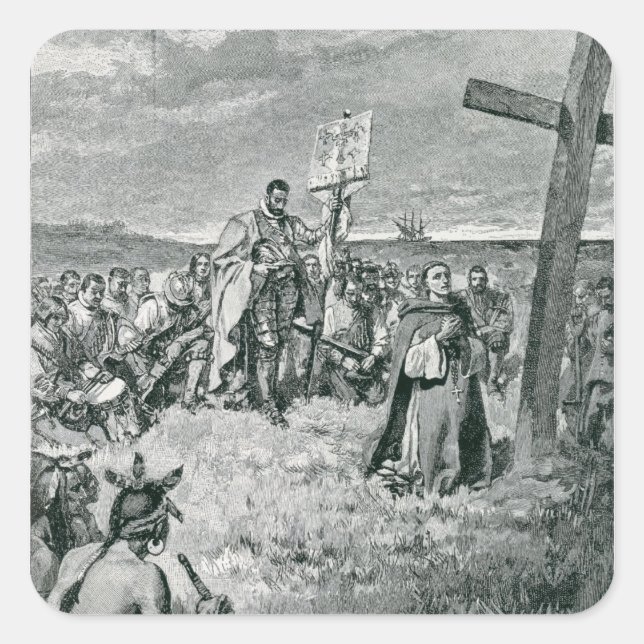 Jacques Cartier  Setting up a Cross at Gaspe Square Sticker (Front)