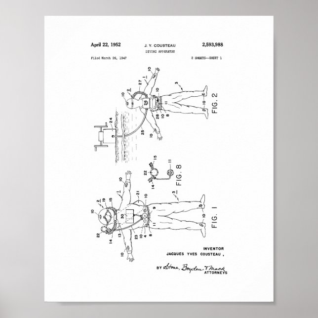 Jacques Cousteau Diving Apparatus Patent Poster (Front)