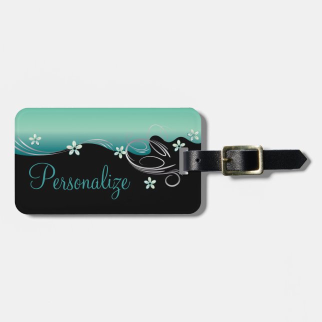 Jade and Black Floral Style Luggage Tag (Front Horizontal)